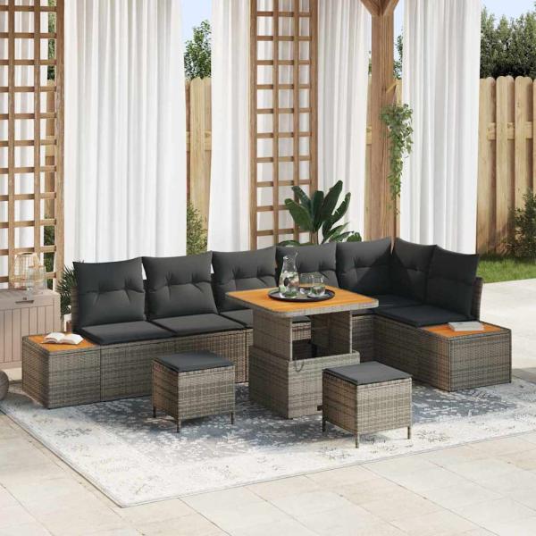 ARDEBO.de - 9-teiliges Garten Sofa Set mit Kissen Grau Poly-Rattan Akazie
