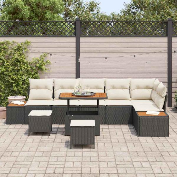 9-teiliges Garten Sofa Set mit Kissen Schwarz Poly-Rattan Akazie
