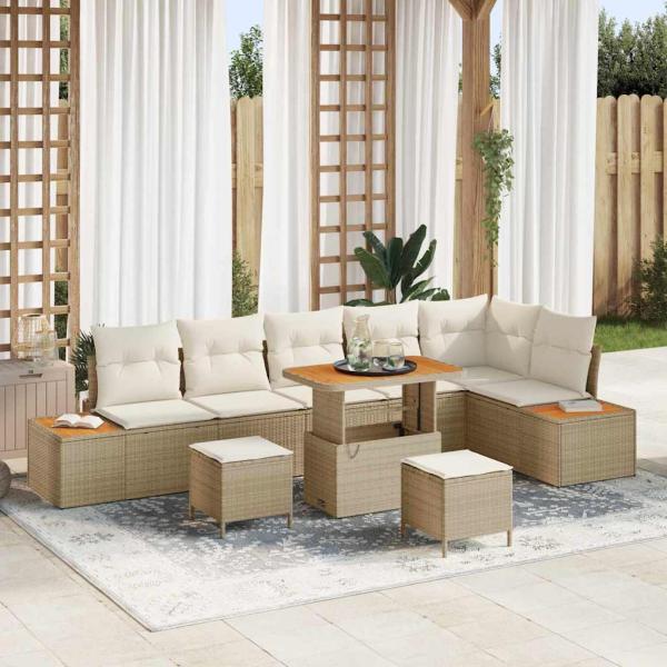 ARDEBO.de - 9-teiliges Garten-Sofaset mit Kissen Beige Poly-Rattan Akazie