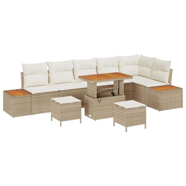 9-teiliges Garten-Sofaset mit Kissen Beige Poly-Rattan Akazie