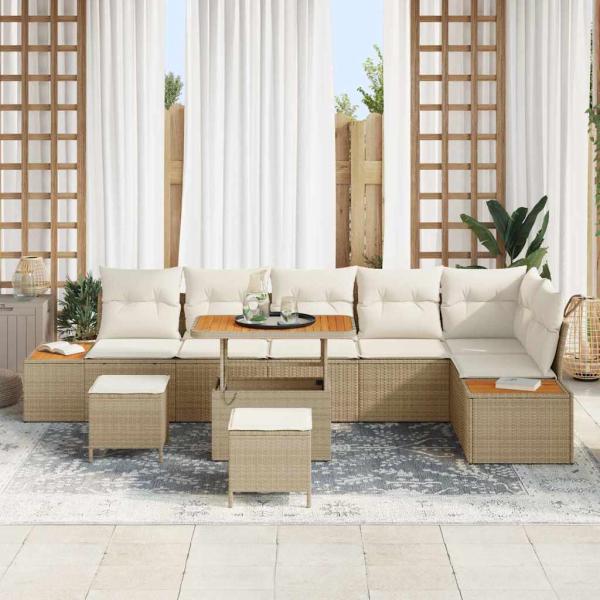 9-teiliges Garten-Sofaset mit Kissen Beige Poly-Rattan Akazie