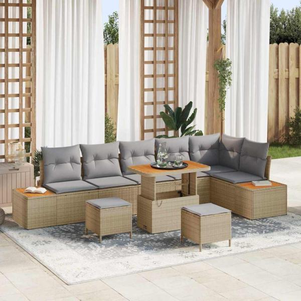 ARDEBO.de - 9-teiliges Garten-Sofa-Set mit Kissen Beige Poly-Rattan Akazie
