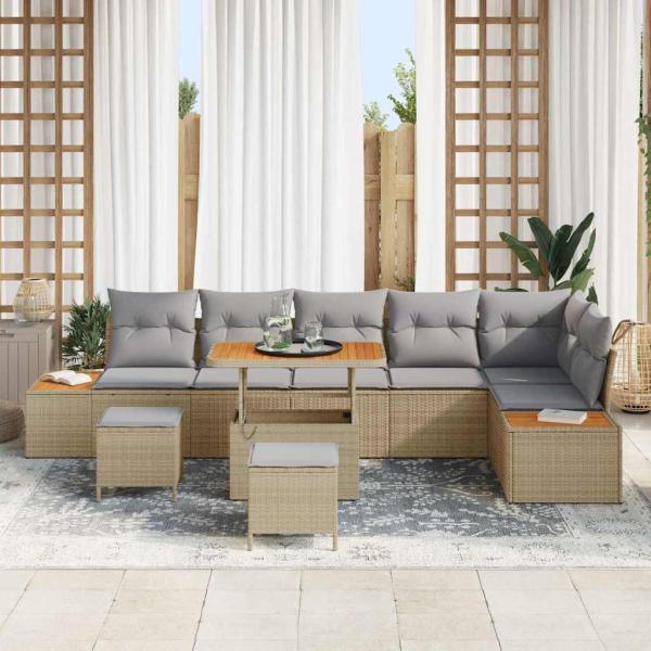 9-teiliges Garten-Sofa-Set mit Kissen Beige Poly-Rattan Akazie