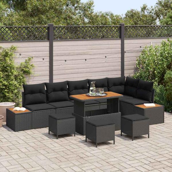 ARDEBO.de - 10-teiliges Garten-Sofa-Set mit Kissen - Schwarzes Poly-Rattan, Akazie
