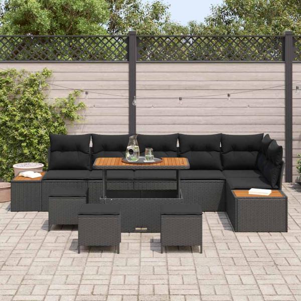 10-teiliges Garten-Sofa-Set mit Kissen - Schwarzes Poly-Rattan, Akazie