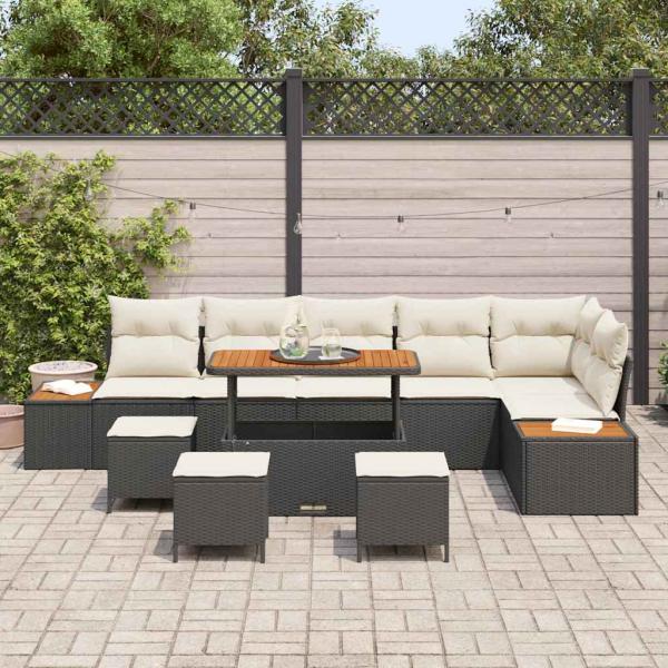 10-teiliges Garten-Sofa-Set mit Kissen Schwarz Poly-Rattan Akazie