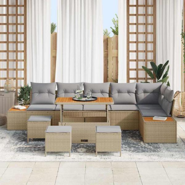 10-teiliges Garten-Sofa-Set mit Kissen Beige Poly-Rattan Akazie
