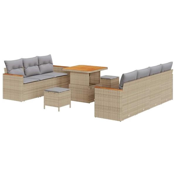 10-teilige Garten Sofagarnitur mit Kissen Beige Poly Rattan Akazie