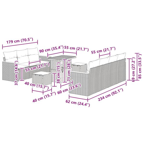 10-teiliges Garten Sofaset mit Kissen Schwarz Poly Rattan Akazie
