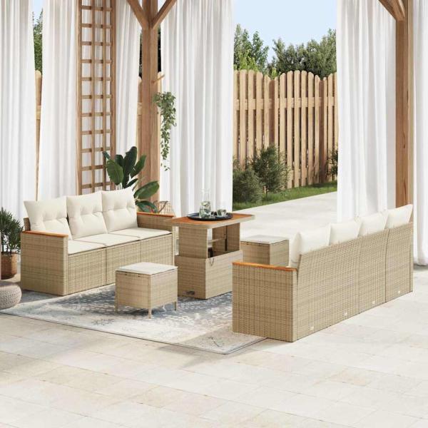 ARDEBO.de - 10-teiliges Garten-Sofaset mit Kissen in Beige aus Poly-Rattan und Akazie
