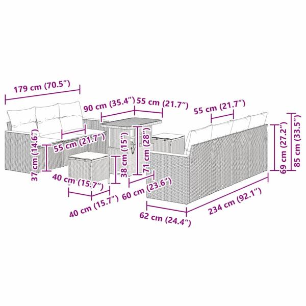 10-teiliges graues Garten Sofaset mit Kissen aus Poly-Rattan