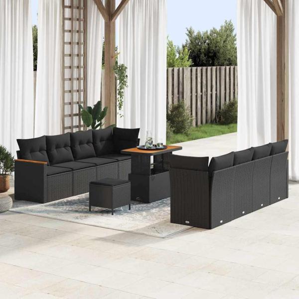 ARDEBO.de - 11-teiliges Garten-Sofa-Set mit Kissen Schwarz Poly Rattan Akazie