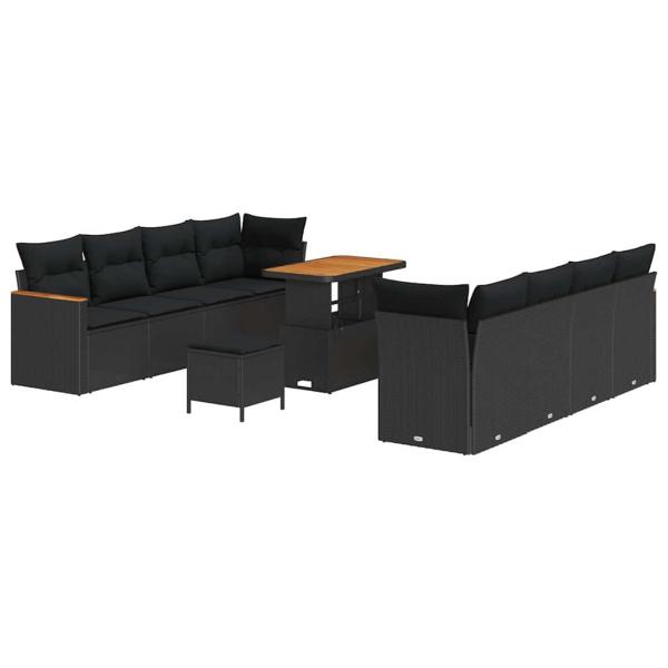 11-teiliges Garten-Sofa-Set mit Kissen Schwarz Poly Rattan Akazie