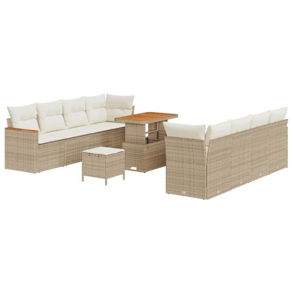 11-teiliges Garten Sofa Set mit Kissen Beige Poly Rattan Akazie