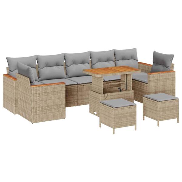 10-teiliges Garten Sofa Set mit Kissen Beige Poly Rattan Akazie