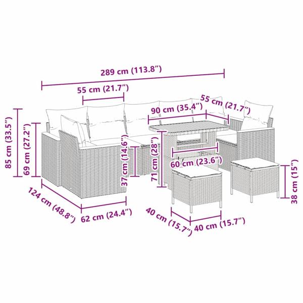 10 teiliges Garten Sofa Set mit Kissen Grau Poly Rattan Akazie