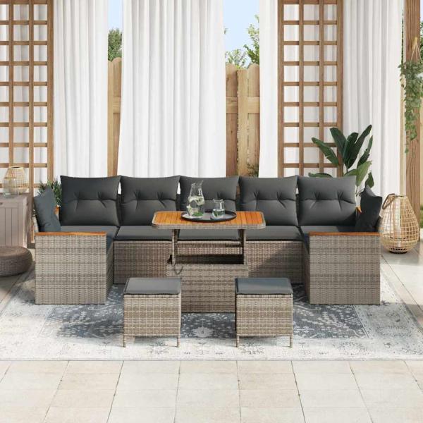 10 teiliges Garten Sofa Set mit Kissen Grau Poly Rattan Akazie