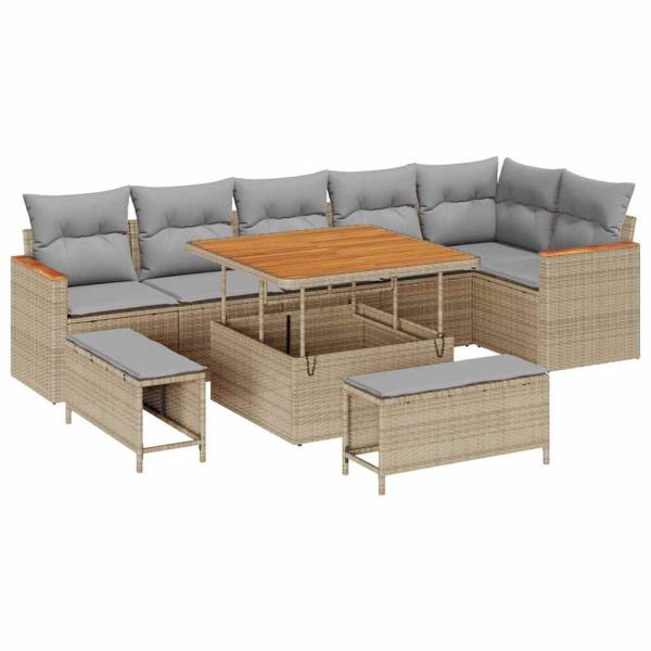 9-teiliges Garten Sofa Set mit Kissen Beige Poly Rattan Akazie