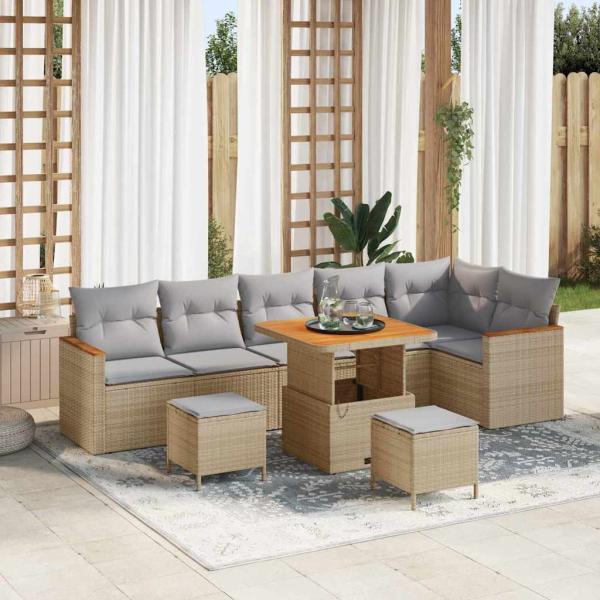 ARDEBO.de - 9-teiliges Garten Sofa Set mit Kissen Beige Poly Rattan Akazie