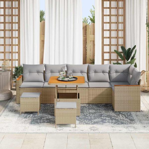 9-teiliges Garten Sofa Set mit Kissen Beige Poly Rattan Akazie