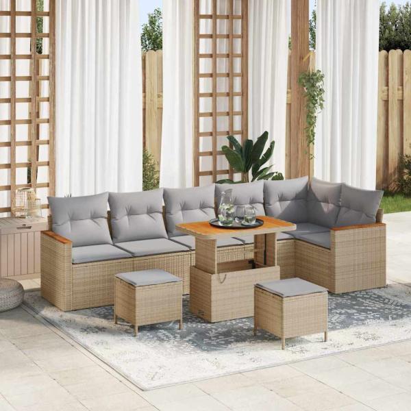 ARDEBO.de - 9-teiliges Garten-Sofa-Set mit Kissen Beige Poly-Rattan Akazie