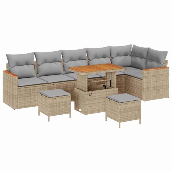 9-teiliges Garten-Sofa-Set mit Kissen Beige Poly-Rattan Akazie