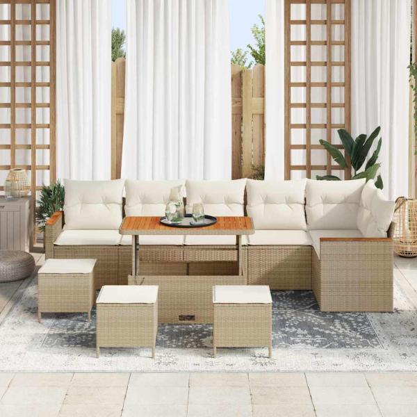 10-teiliges Garten-Sofa-Set mit Kissen Beige Poly-Rattan Akazie