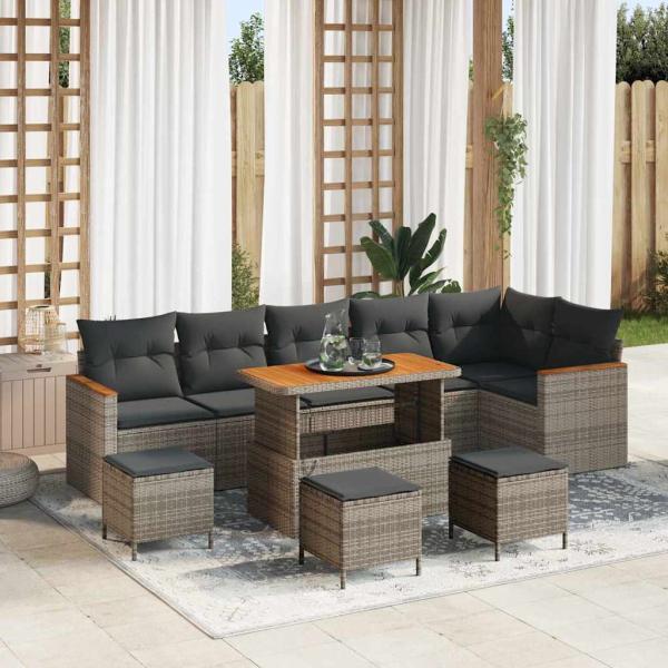 ARDEBO.de - 10-teiliges Garten-Sofa-Set mit Kissen Grau Poly-Rattan Akazie