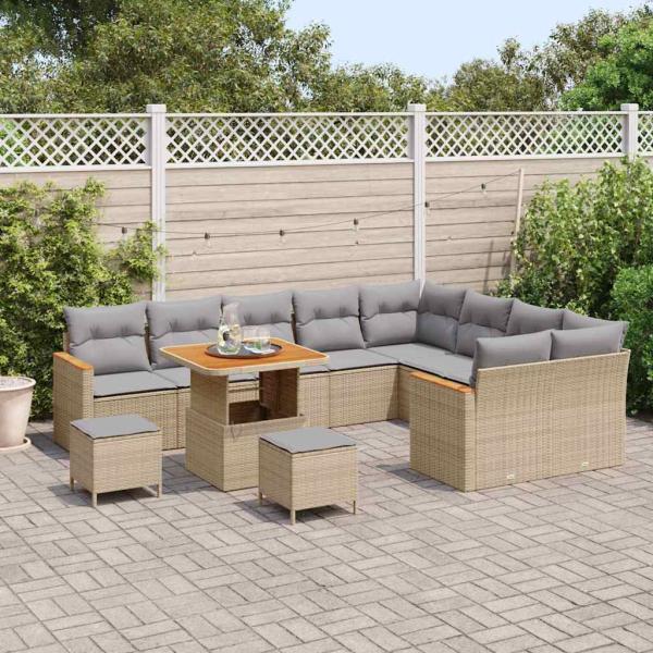 12 Stück Garten Sofa Set mit Kissen Beige Poly Rattan Akazie