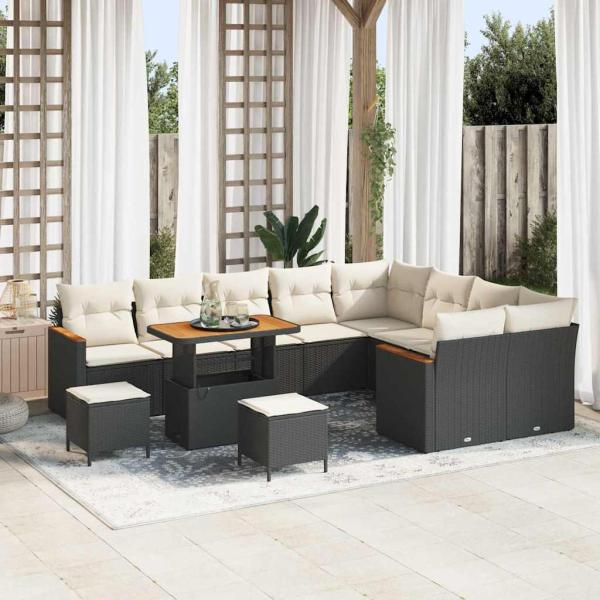 ARDEBO.de - 12-teiliges Garten Sofa Set mit Kissen Schwarz Poly Rattan Akazie