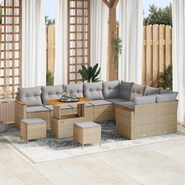 ARDEBO.de - 12-teiliges Garten-Sofa-Set mit Kissen Beige Poly-Rattan Akazie