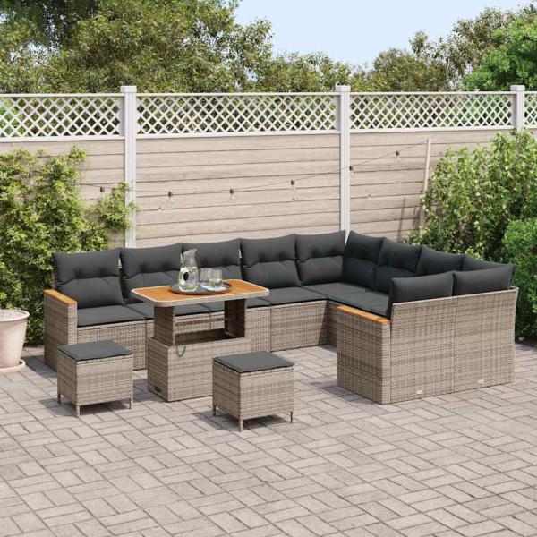 12-teiliges Garten Sofa Set mit Kissen Grau Poly Rattan Akazie