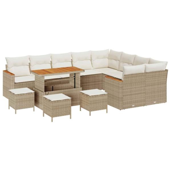 ARDEBO.de - 13-teiliges Garten Sofa Set mit Kissen Beige Poly Rattan Akazie