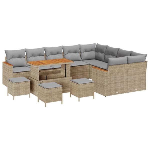 13-teiliges Garten Sofa Set mit Kissen Beige Poly Rattan Akazie