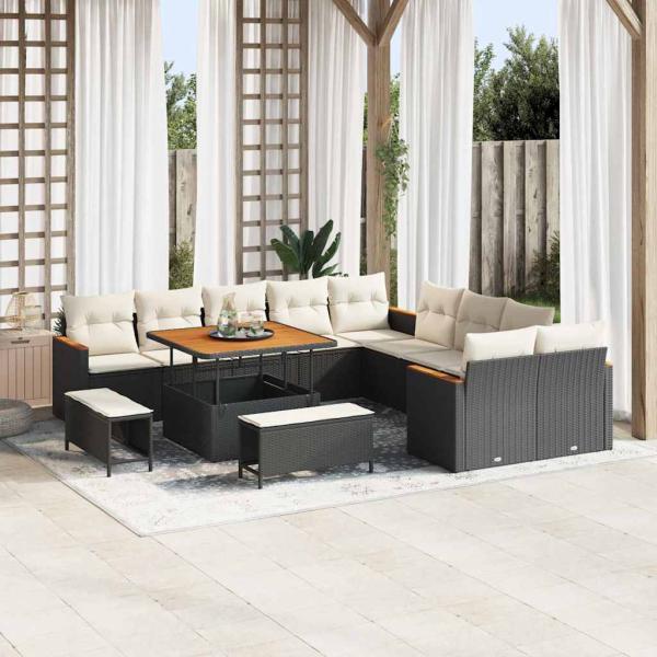 ARDEBO.de - 13-teiliges Garten Sofaset mit Kissen Schwarz Poly Rattan Akazie