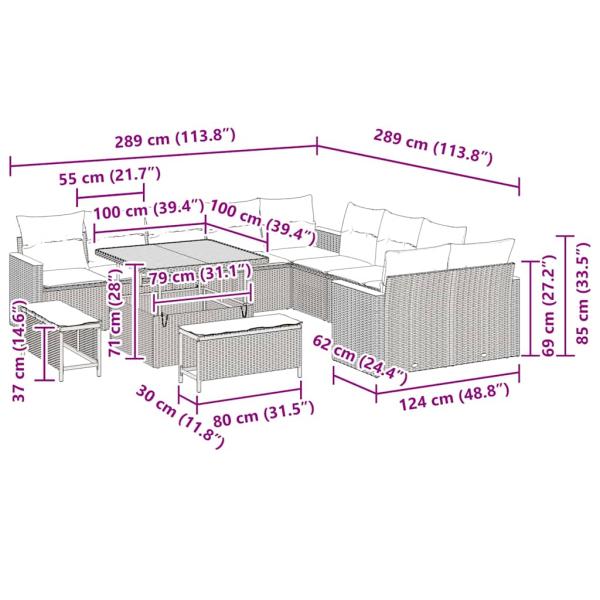 13-teiliges Garten Sofa Set mit Kissen Beige Poly Rattan Akazie