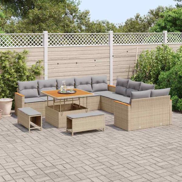 13-teiliges Garten Sofa Set mit Kissen Beige Poly Rattan Akazie
