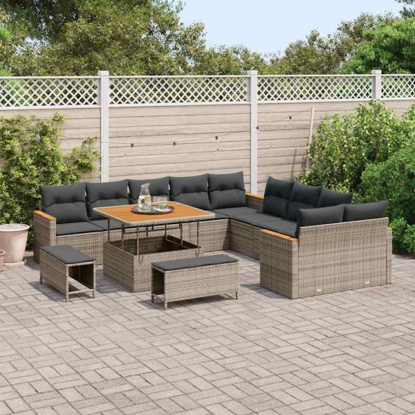 13-teiliges Garten Sofaset mit Kissen Grau Poly-Rattan Akazie