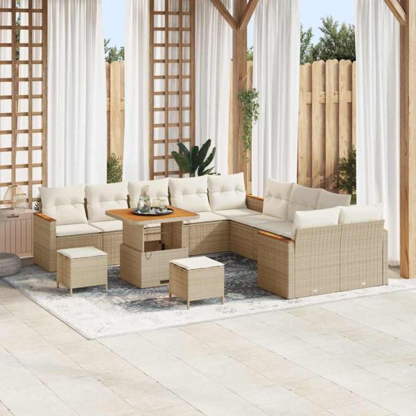 ARDEBO.de - 13-teiliges Garten Sofa Set mit Kissen Beige Poly Rattan Akazie