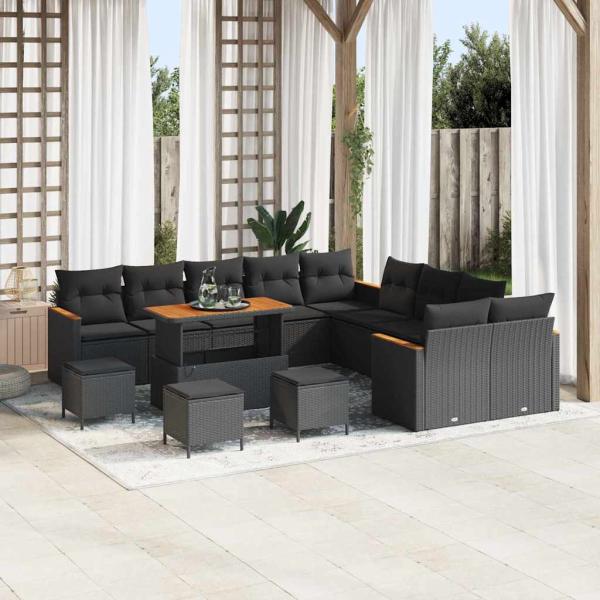 ARDEBO.de - 14-teiliges Garten-Sofa-Set mit Kissen Schwarz Poly-Rattan Akazie