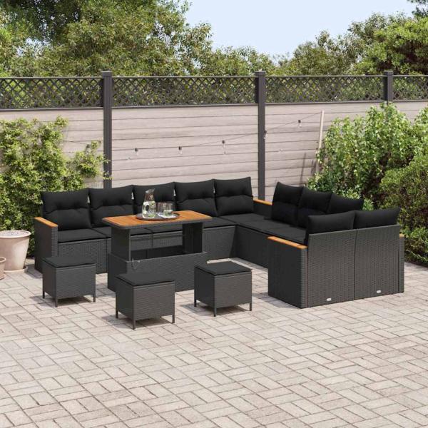 14-teiliges Garten-Sofa-Set mit Kissen Schwarz Poly-Rattan Akazie