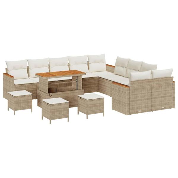 14-teiliges Garten Sofa Set mit Kissen Beige Poly Rattan Akazie