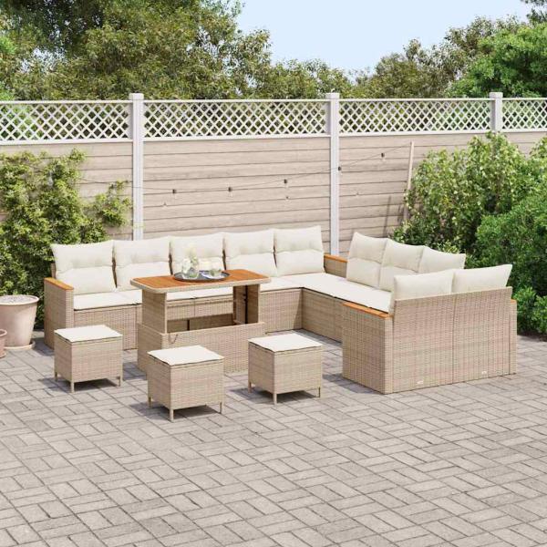 14-teiliges Garten Sofa Set mit Kissen Beige Poly Rattan Akazie