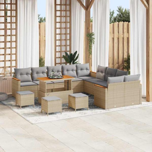 ARDEBO.de - 14-teiliges Garten Sofa Set mit Kissen Beige Poly Rattan Akazie
