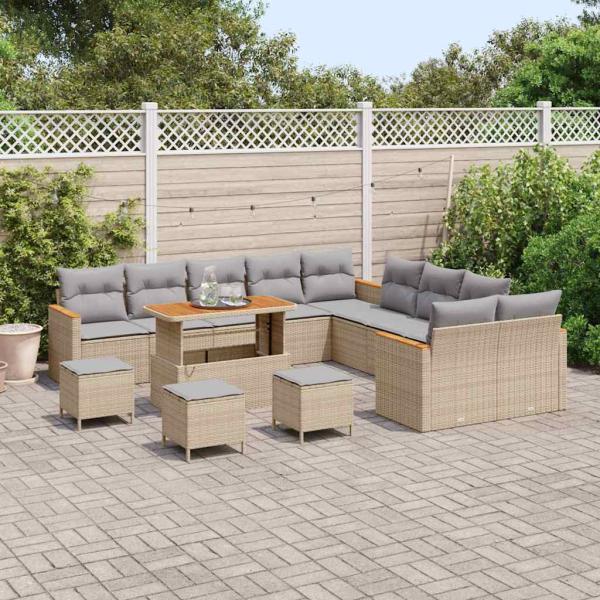 14-teiliges Garten Sofa Set mit Kissen Beige Poly Rattan Akazie