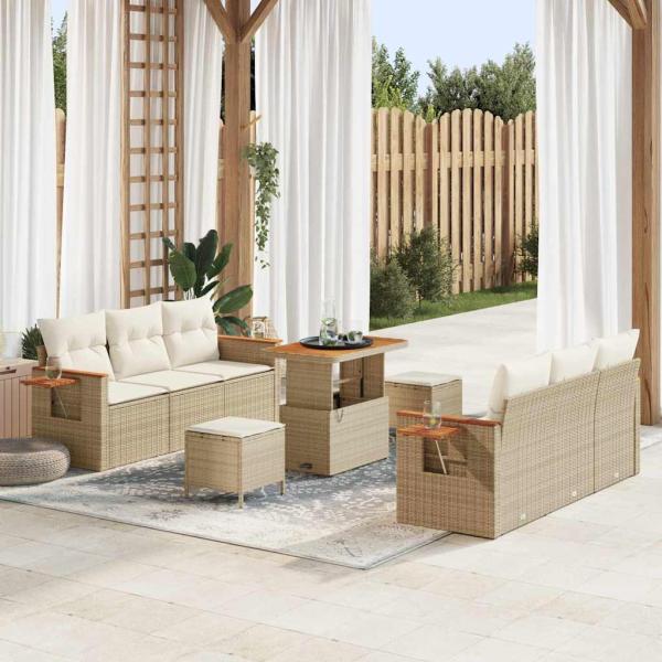 ARDEBO.de - 9-teiliges Garten-Sofa-Set mit Kissen Beige Poly Rattan Akazie