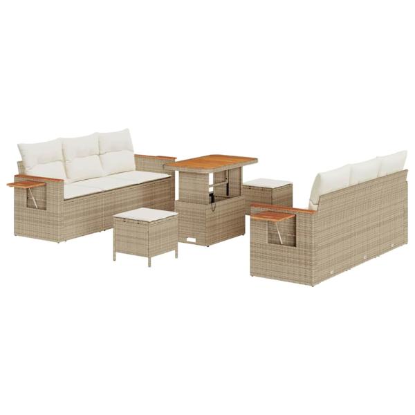 9-teiliges Garten-Sofa-Set mit Kissen Beige Poly Rattan Akazie
