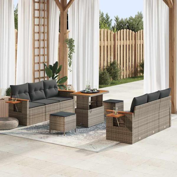 ARDEBO.de - 9-teiliges Garten Sofa Set mit Kissen Graues Poly Rattan Akazie