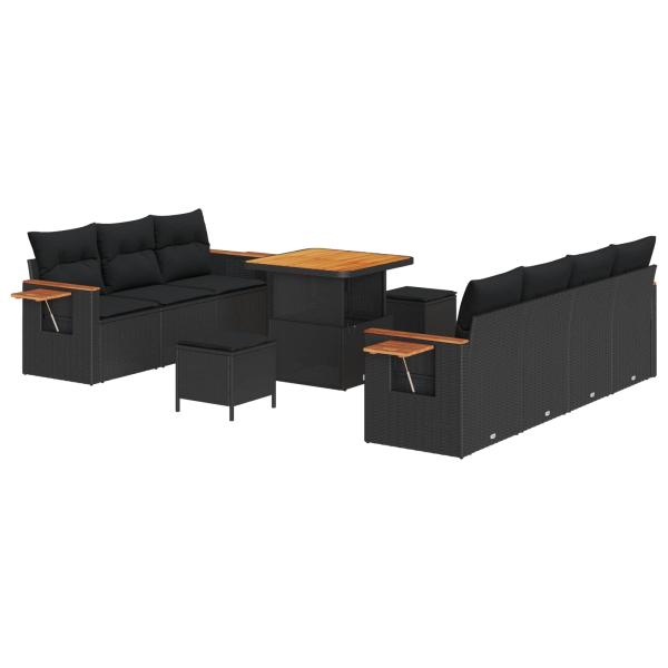 ARDEBO.de - 10-teiliges Garten-Sofa-Set mit Kissen Schwarz Poly Rattan Akazie