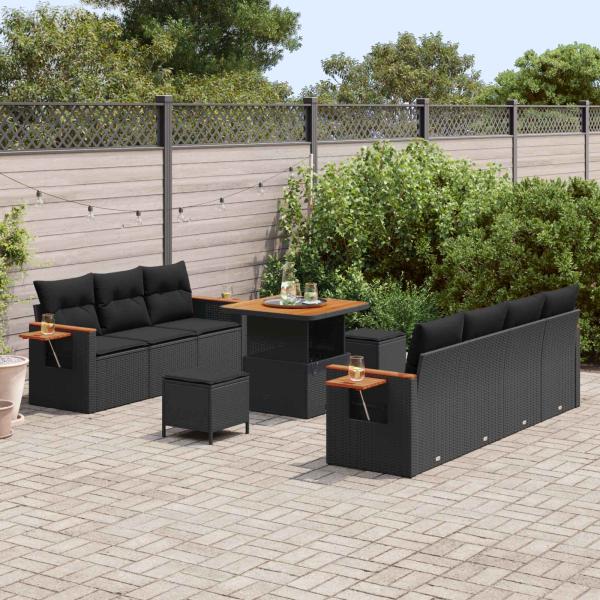 10-teiliges Garten-Sofa-Set mit Kissen Schwarz Poly Rattan Akazie